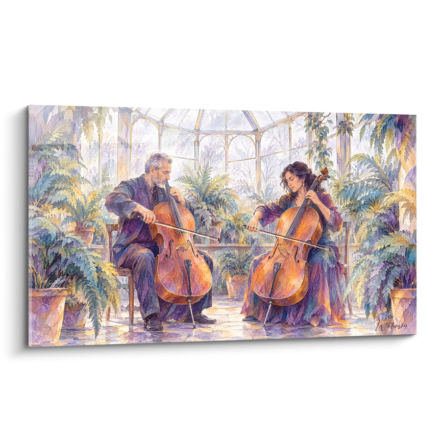 Tableau Duo de violoncellistes dans une véranda verdoyante - Duo en harmonie - Edition Violoncelle