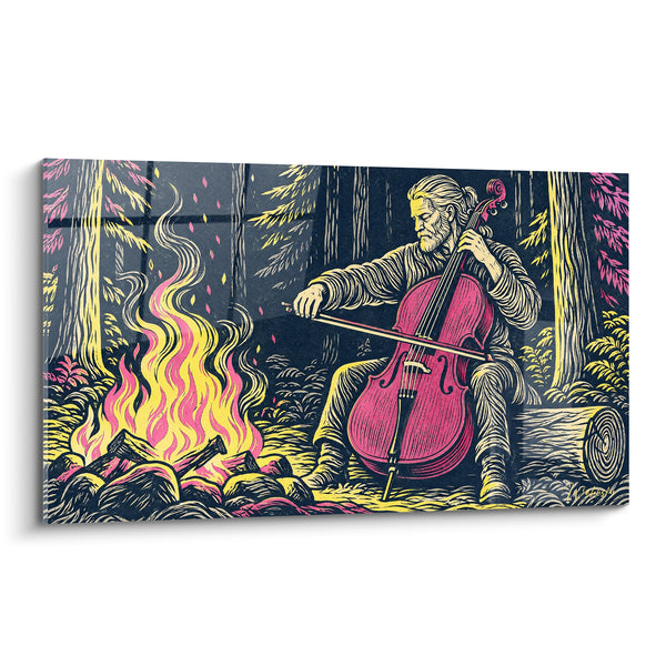 Tableau Musicien barbu près d'un feu nocturne - Veillée solitaire - Edition Violoncelle
