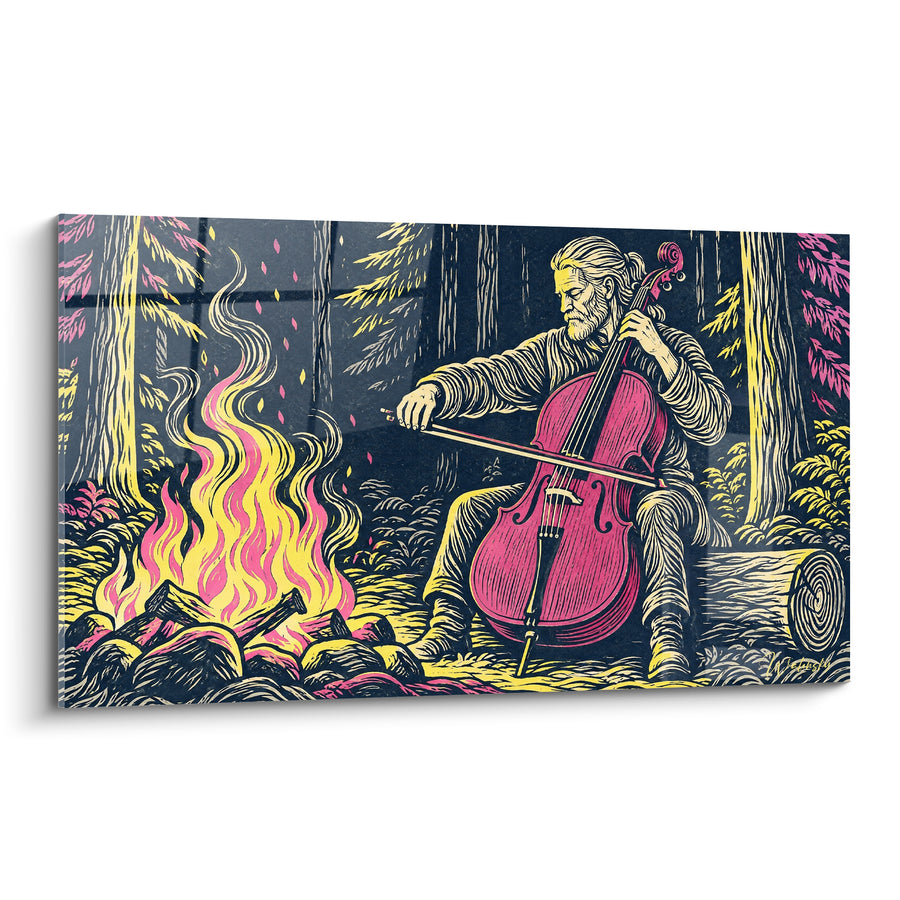 Tableau Musicien barbu près d'un feu nocturne - Veillée solitaire - Edition Violoncelle