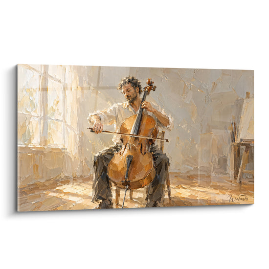 Tableau Violoncelliste blanc et ocre près d'une fenêtre d'atelier - Chevalet de peintre - Edition Violoncelle