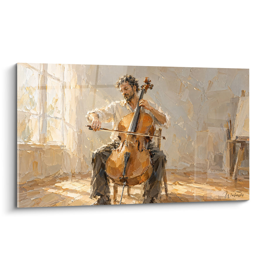 Tableau Violoncelliste blanc et ocre près d'une fenêtre d'atelier - Chevalet de peintre - Edition Violoncelle