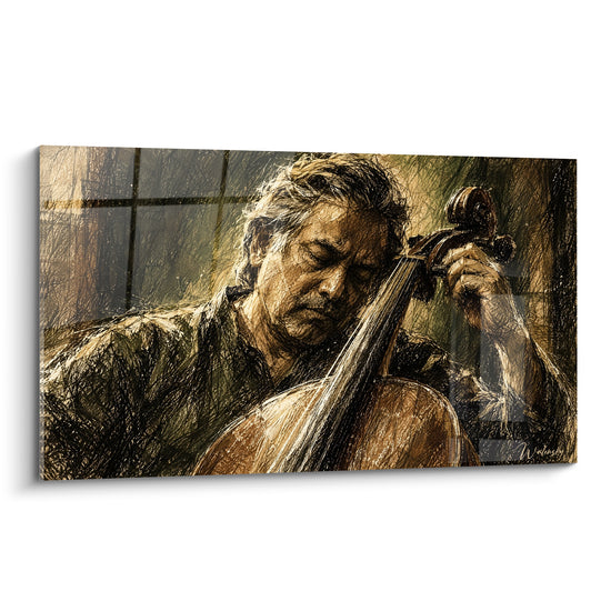Tableau Violoncelliste aux teintes brunes et noires sur fenêtre quadrillée - Croquis au fusain - Edition Violoncelle