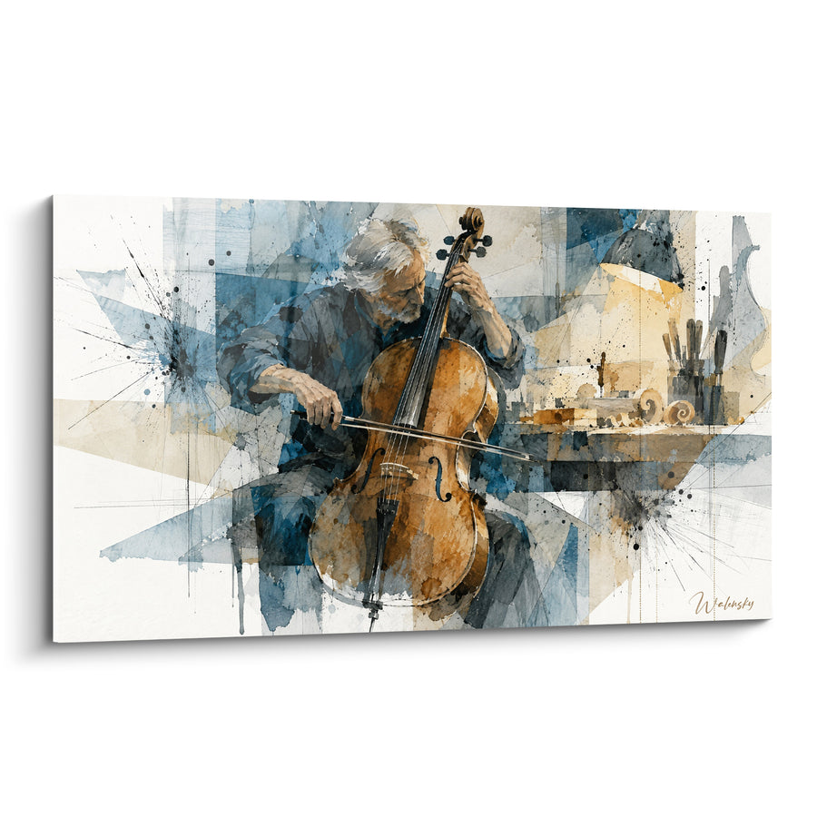 Tableau Violoncelliste âgé aux teintes bleues et ambrées dans un atelier de lutherie - Établi du luthier - Edition Violoncelle