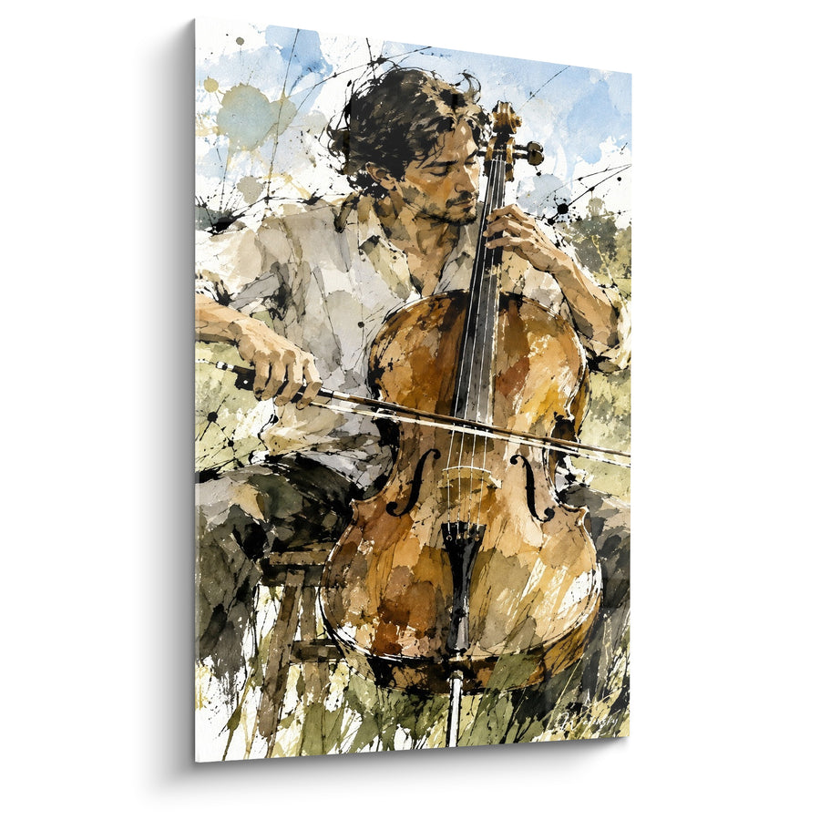Tableau Musicien brun et doré jouant en plein air - Mélodie en plein air - Edition Violoncelle