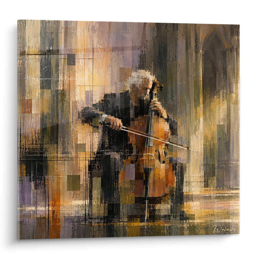 Tableau Violoncelliste ocre et anthracite en cathédrale - Recueillement musical - Edition Violoncelle