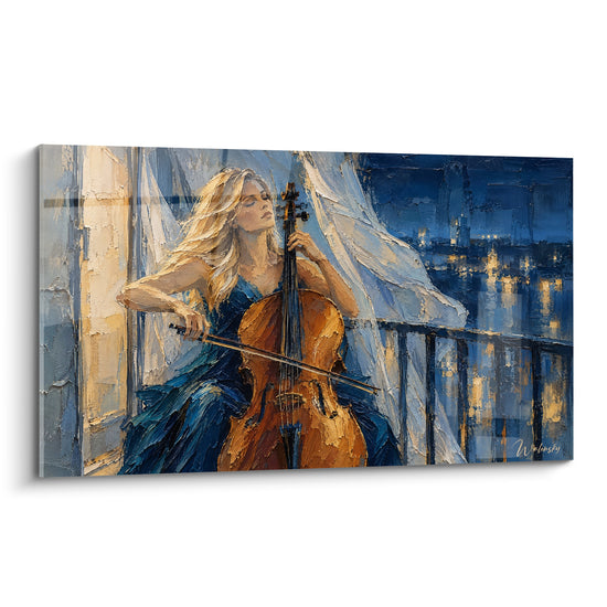 Tableau Violoniste en robe bleu nuit sur balcon - Sérénade nocturne - Edition Violoncelle