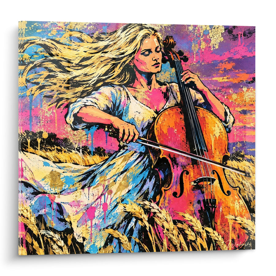 Tableau Violoncelliste blonde aux champs de blé dorés - Mélodie des blés - Edition Violoncelle