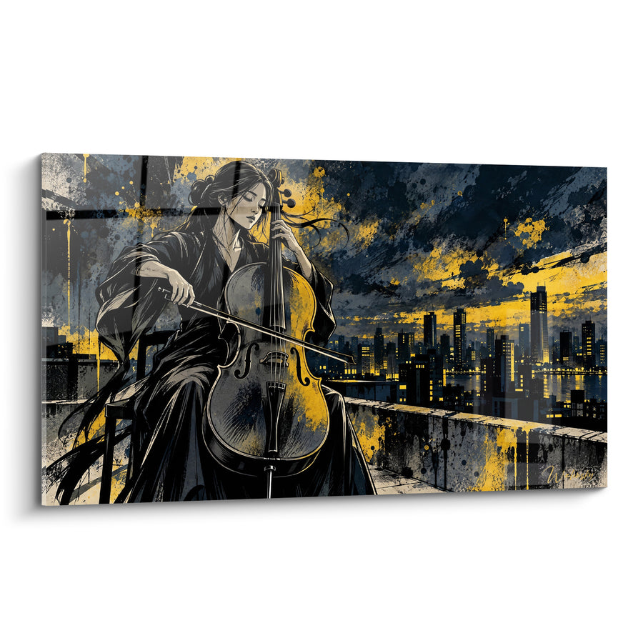 Tableau Violoncelliste jaune et noir sur toit urbain - Mélodie nocturne - Edition Violoncelle