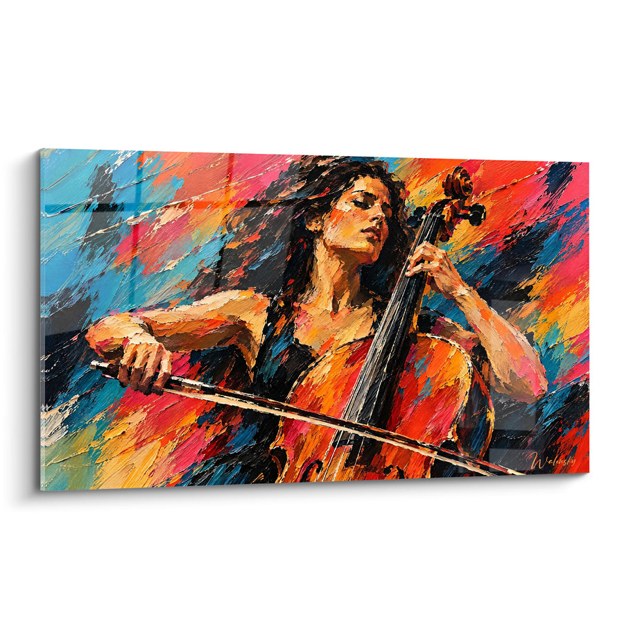 Tableau Violoncelliste aux teintes orange et bleu - Transe musicale - Edition Violoncelle