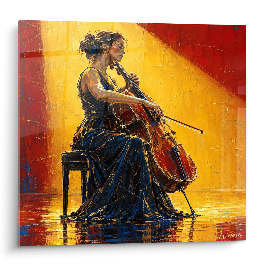 Tableau Violoncelliste en robe bleu nuit sur fond doré - Instant de grâce - Edition Violoncelle