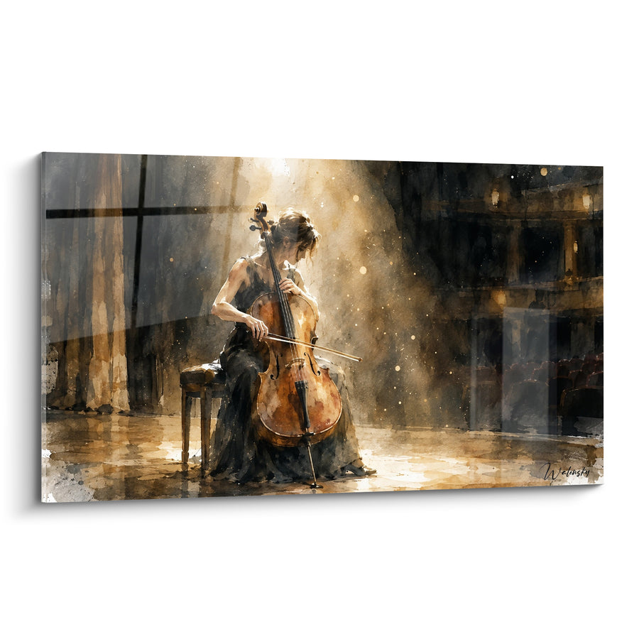 Tableau Violoncelliste robe noire sur scène dorée - Solo sous les projecteurs - Edition Violoncelle