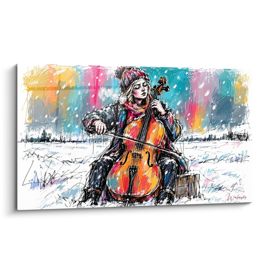 Tableau Violoncelliste sous neige fond turquoise doré - Mélodie hivernale - Edition Violoncelle