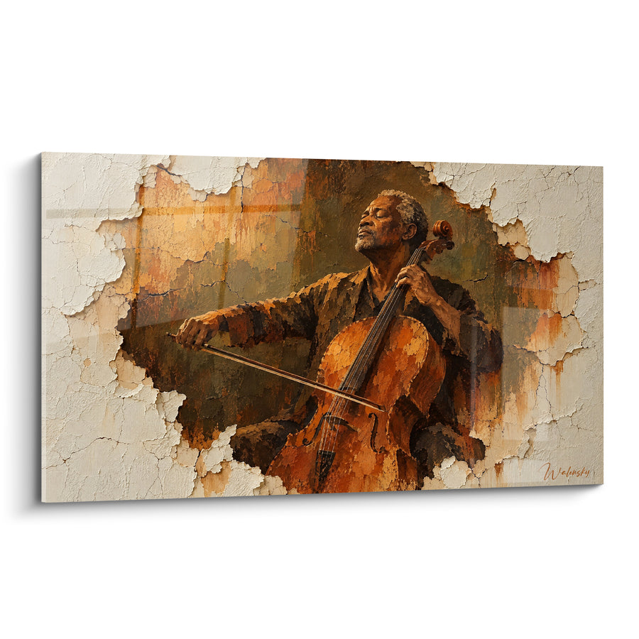Tableau Violoncelliste aux teintes ambre et beige sur mur craquelé - Peinture murale effritée - Edition Violoncelle