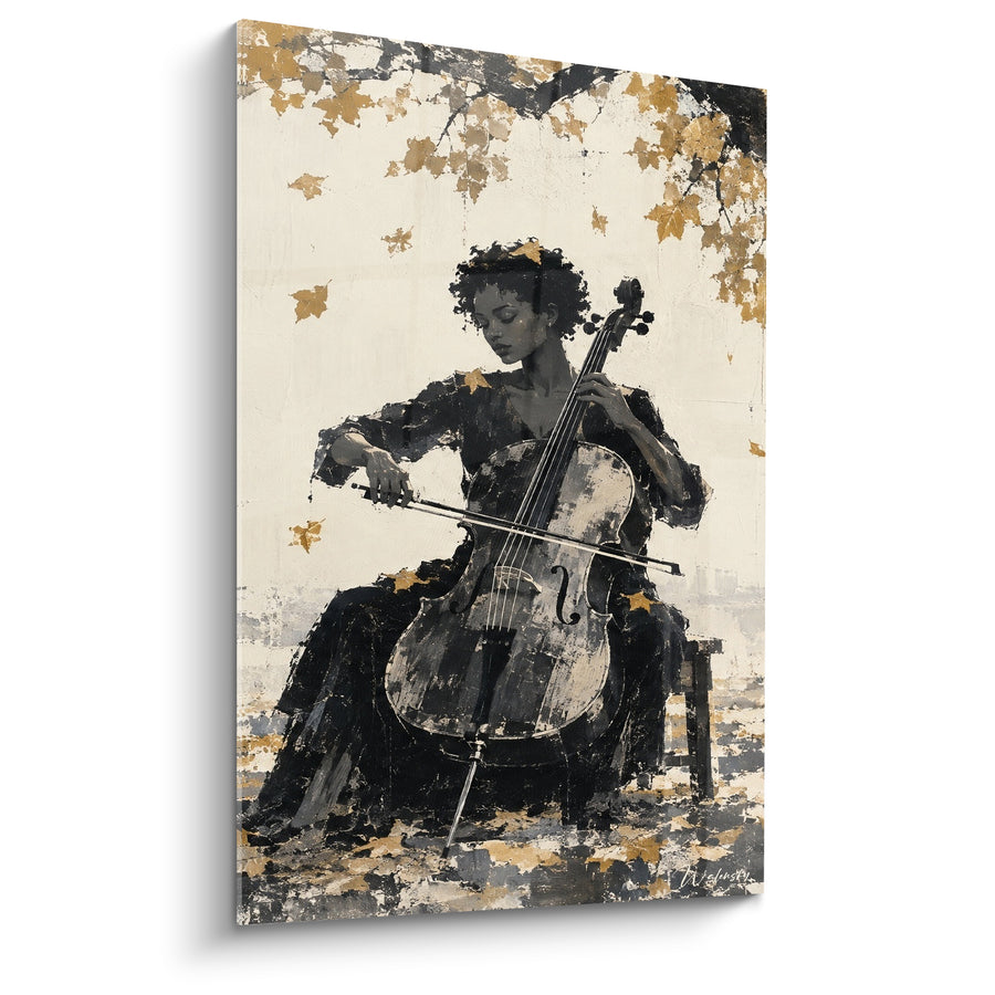 Tableau Violoncelliste noire et ivoire sous feuillage doré - Branche feuillue dorée - Edition Violoncelle