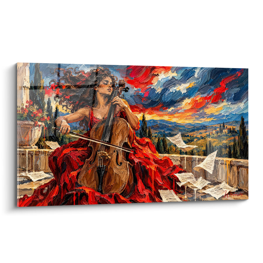 Tableau Violoncelliste en robe rouge sur terrasse toscane - Tempête de passion - Edition Violoncelle