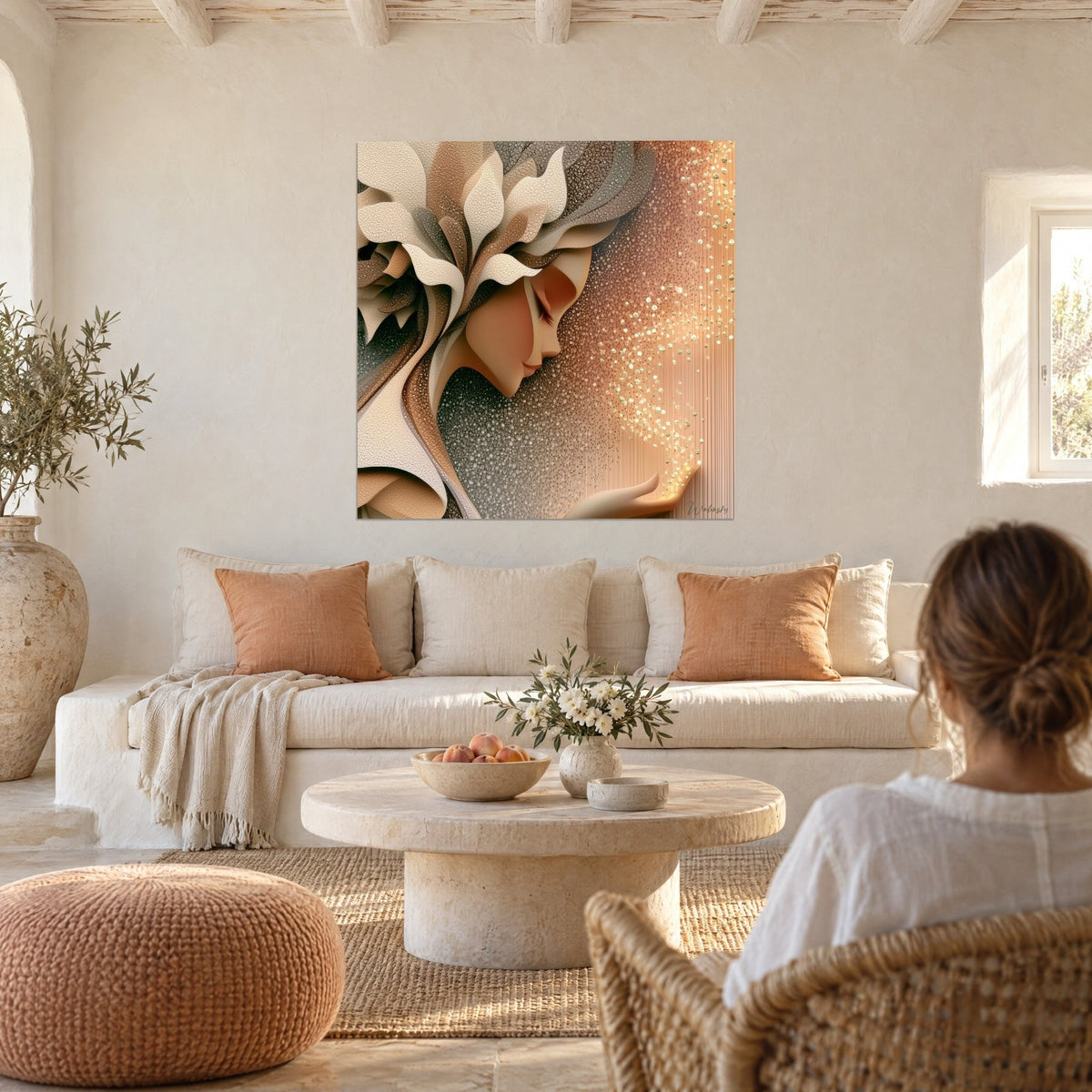 Wall art woman's face in profile, ivory and charcoal strands, copper-tinted gold dust, above a sofa in a bright living room