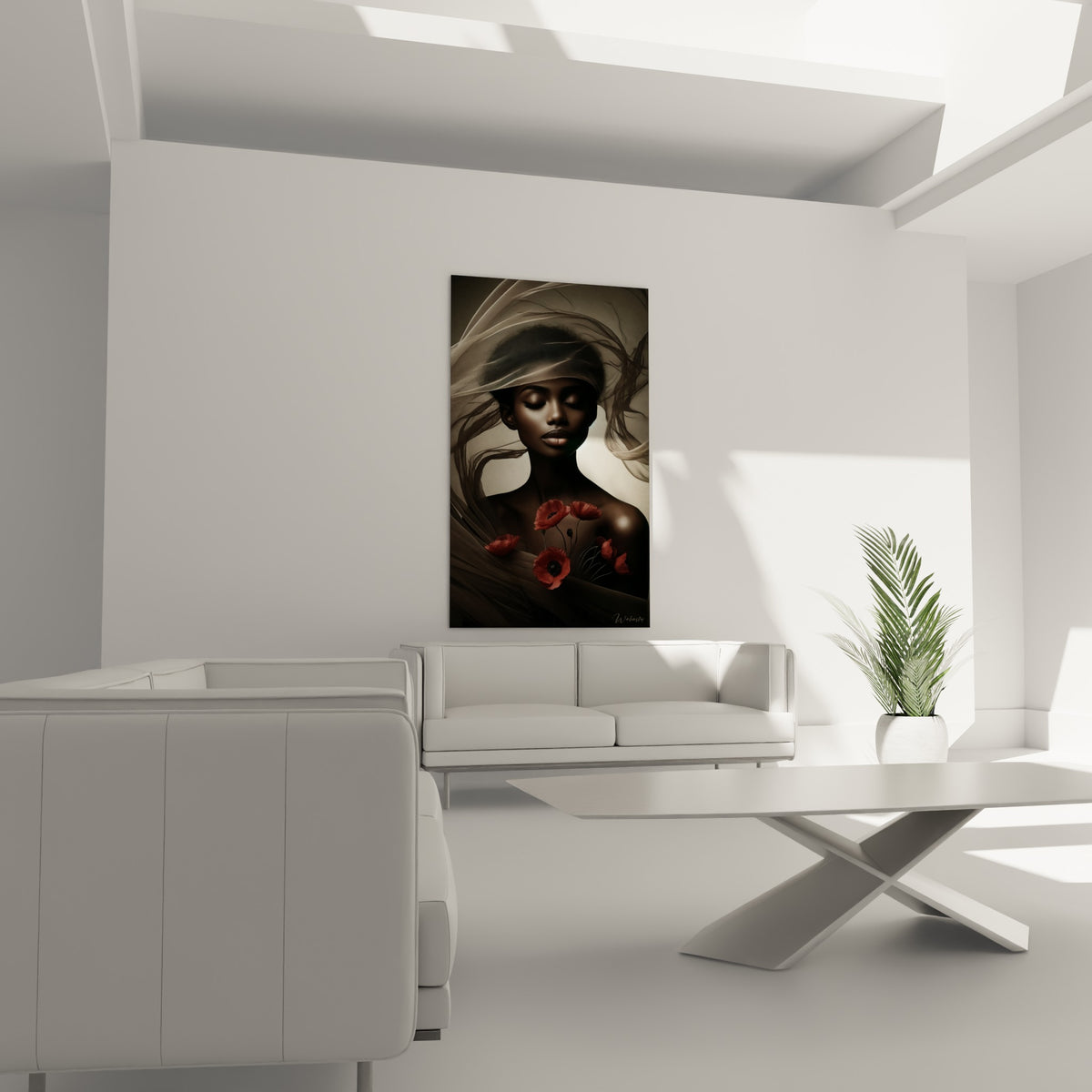 Portrait serein aux tons anthracite et coquelicots écarlates, au-dessus d'un canapé dans un salon lumineux