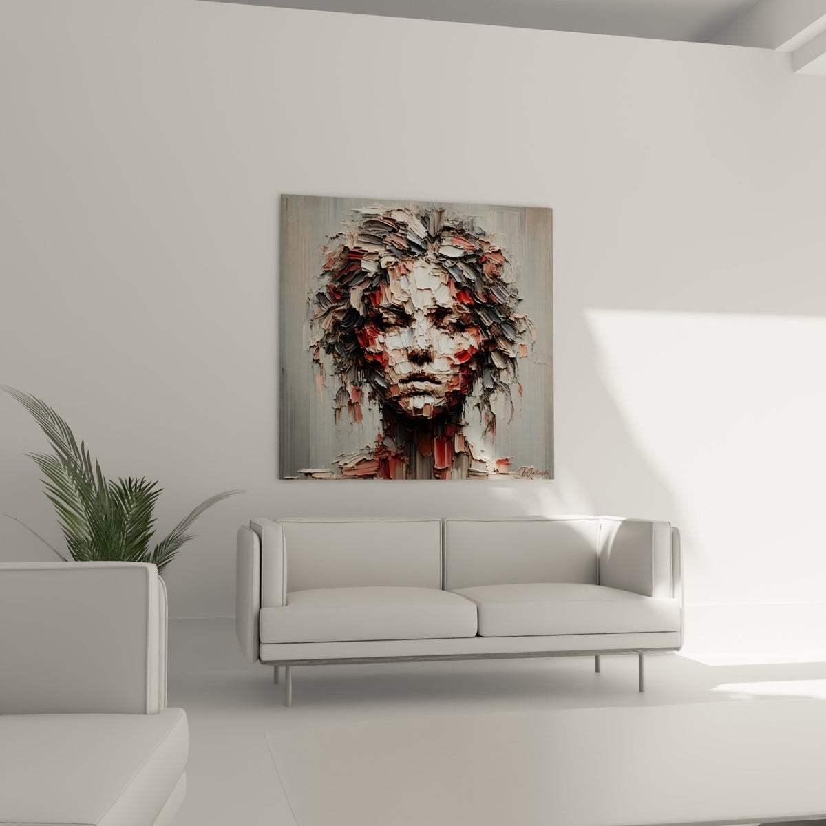 Figure abstraite sculptée en reliefs blancs et rosés, disposée au-dessus d'un canapé dans un salon lumineux