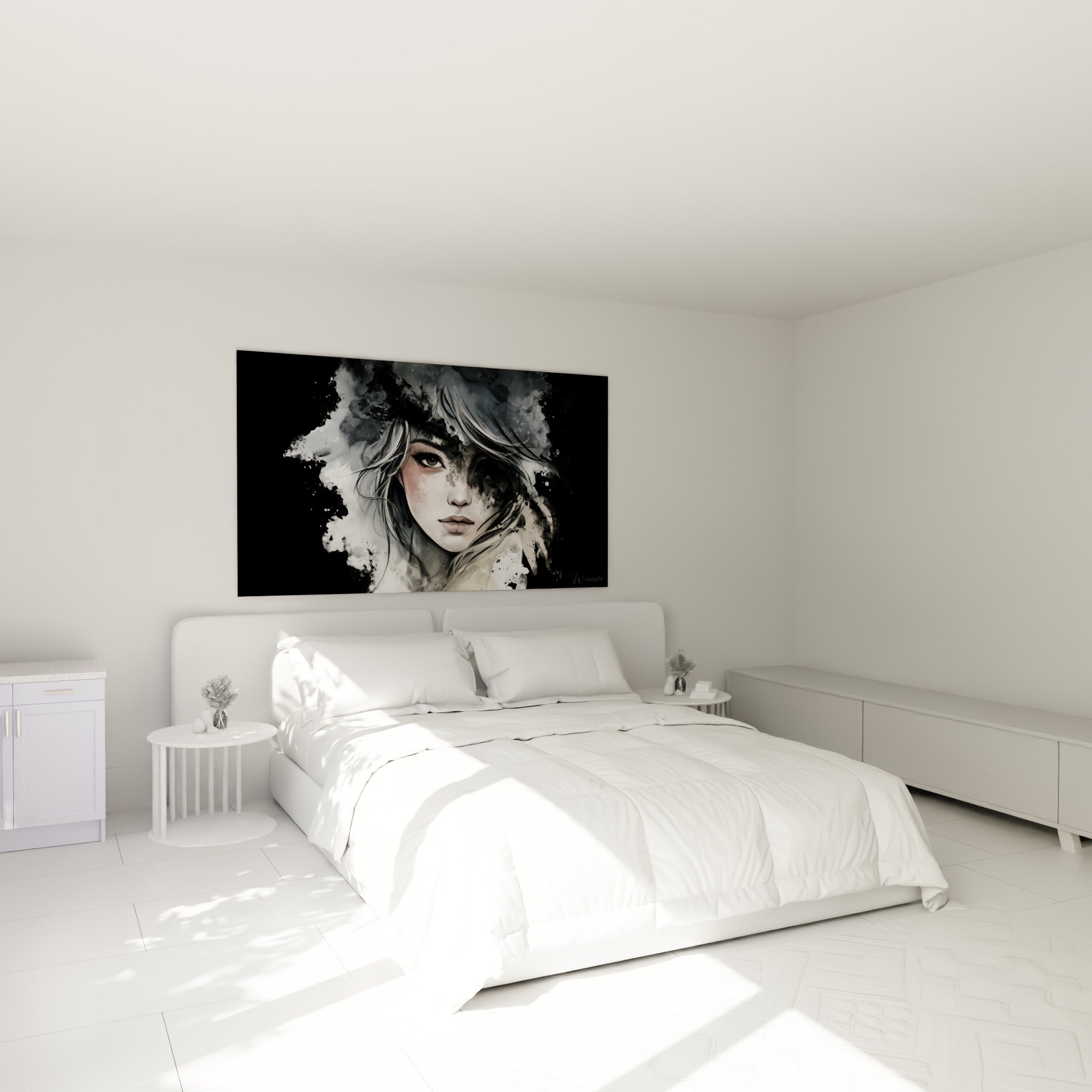 Regard gris intense d'un visage abstrait cerné de noir et blanc, accroché au-dessus d'un lit dans une chambre claire