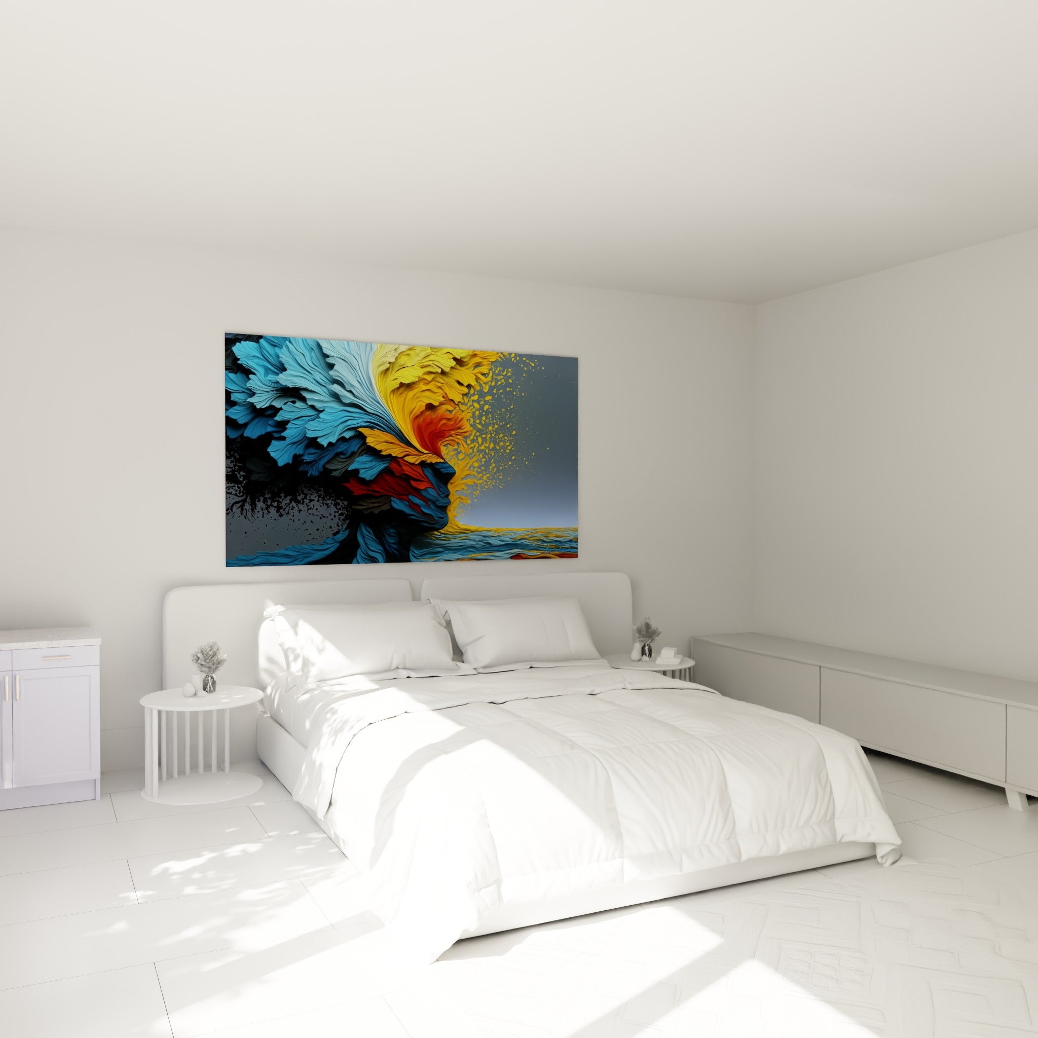 Profil abstrait bleu anthracite et orange fauve suspendu au-dessus d'un lit dans une chambre claire