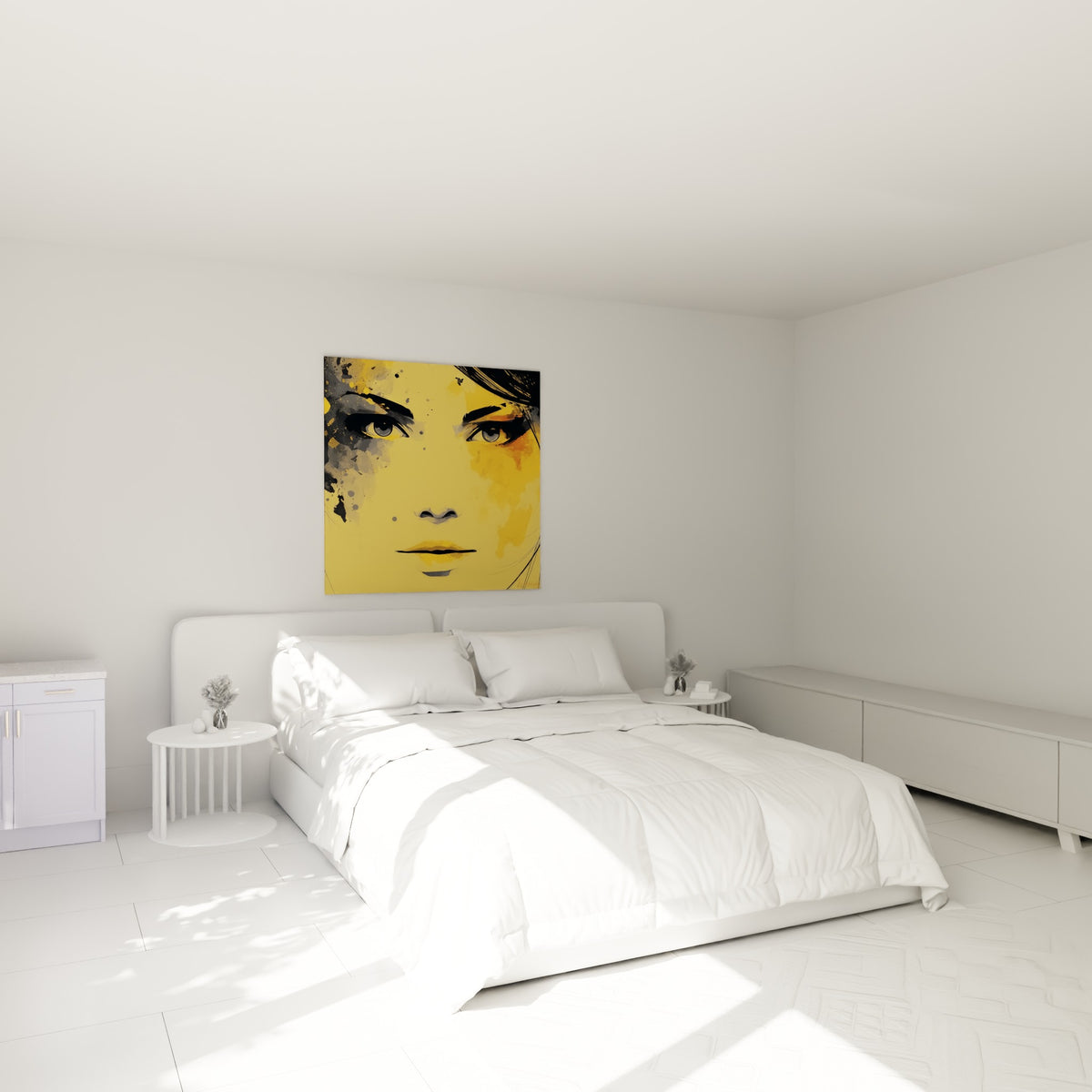 Visage abstrait ocre et gris intense au-dessus d'un lit dans une chambre claire, regard perçant et lumineux