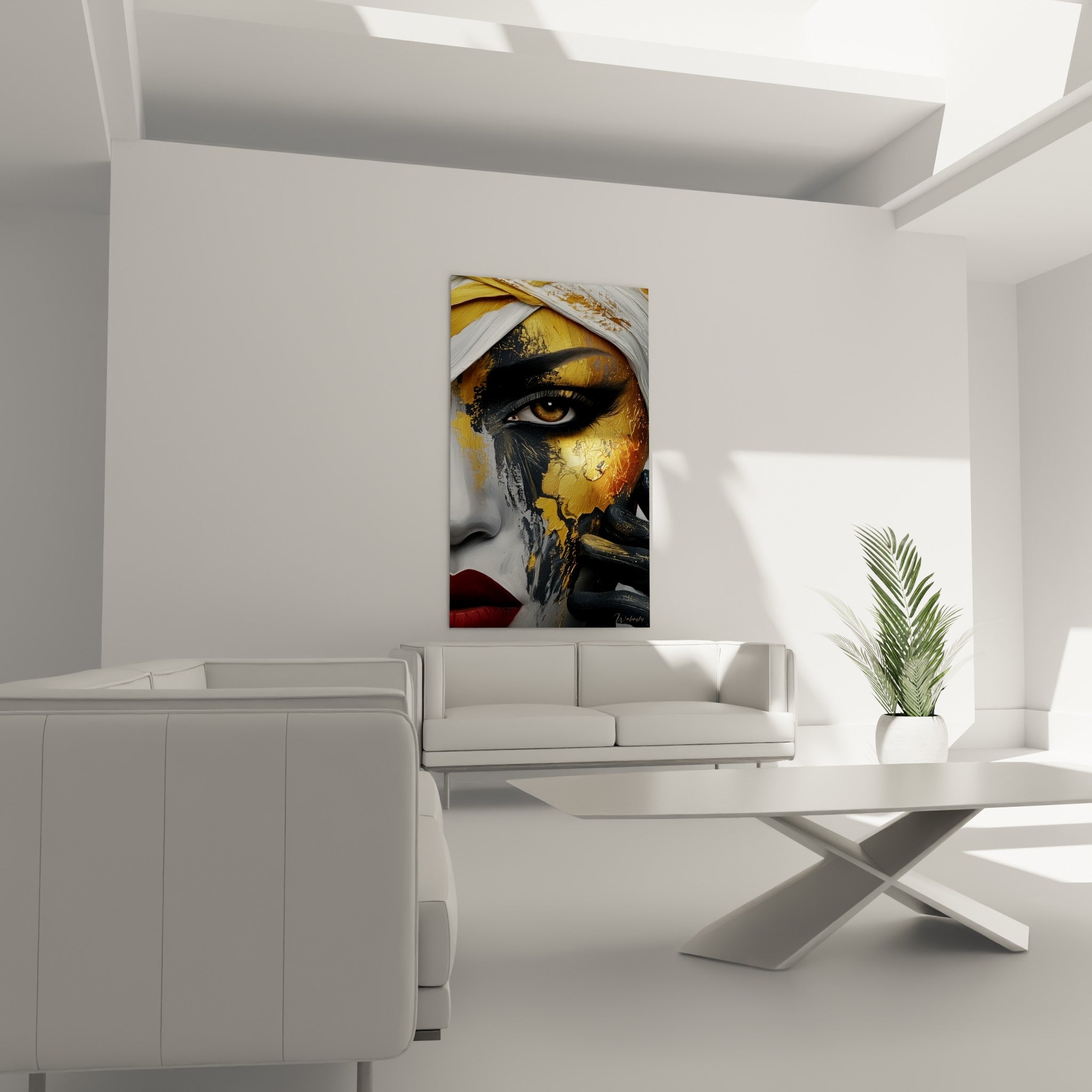 Visage abstrait ocre et anthracite, regard perçant, disposé au-dessus d'un canapé dans un salon lumineux