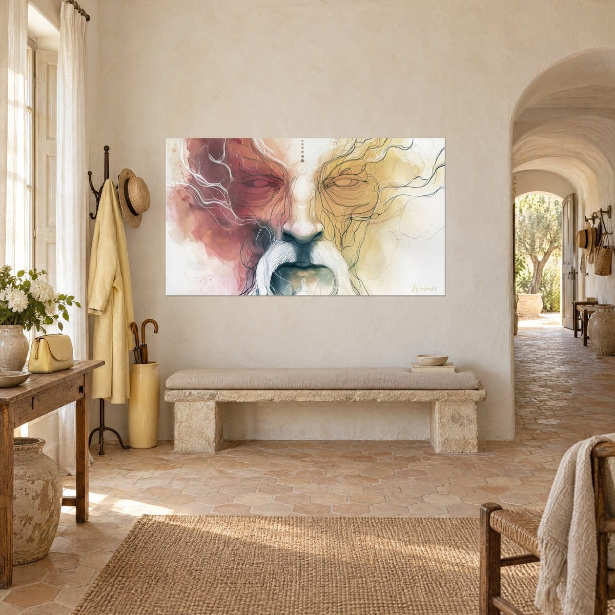 Quadro ritratto di anziano con tratti d'inchiostro nero, guancia bordeaux e guancia ocra dorata, di tre quarti in un mas provenzale