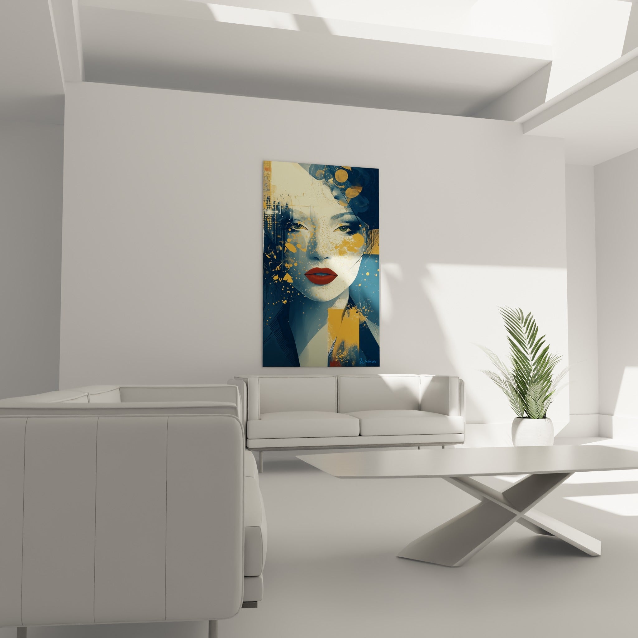 Femme au regard perçant, teintes anthracite et dorées, au-dessus d'un canapé dans un salon lumineux