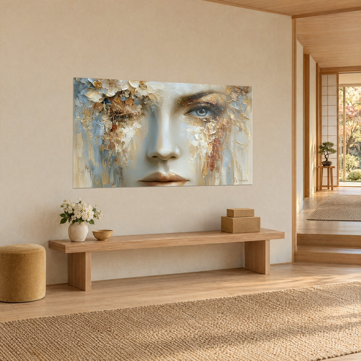Quadro volto di donna in pittura spessa, petali crema e riflessi ocra, visto di tre quarti su una parete beige, panca in legno chiaro