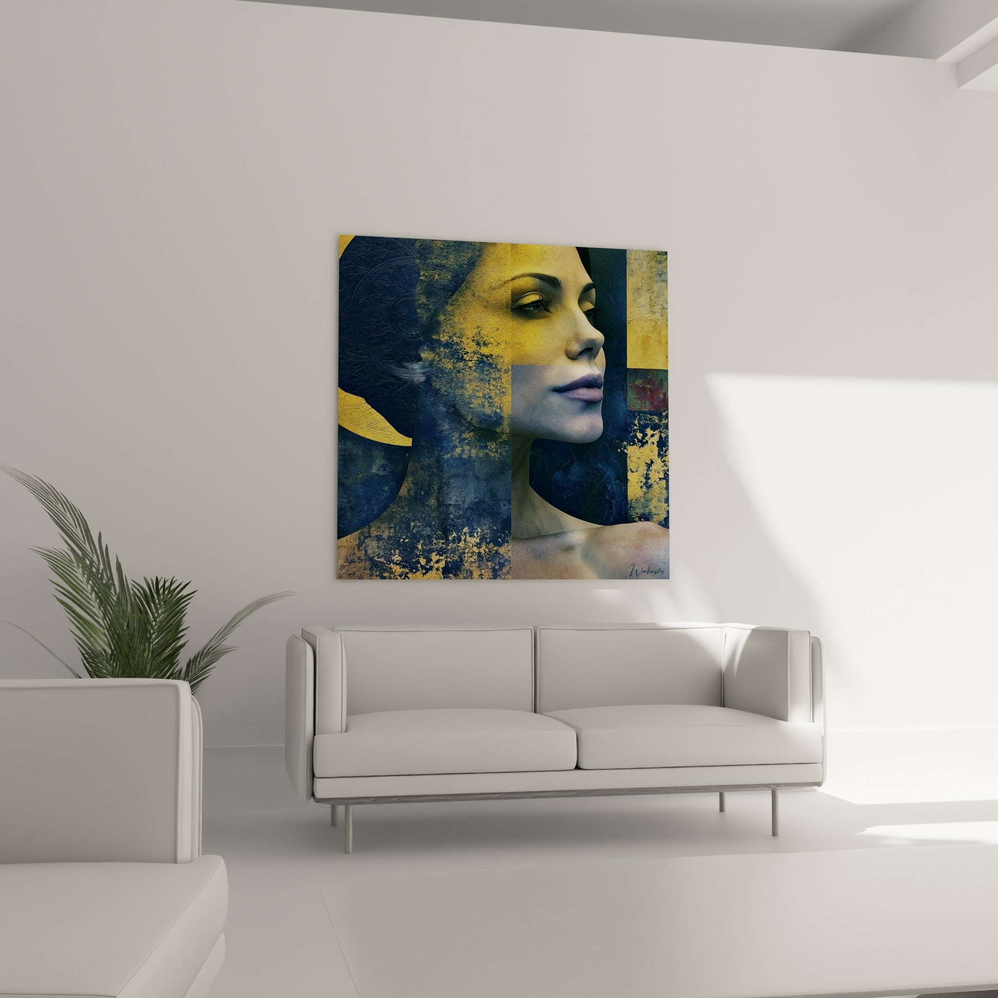 Portrait féminin doré et anthracite se dissolvant en particules, tableau visage abstrait au-dessus d'un canapé dans un salon lumineux