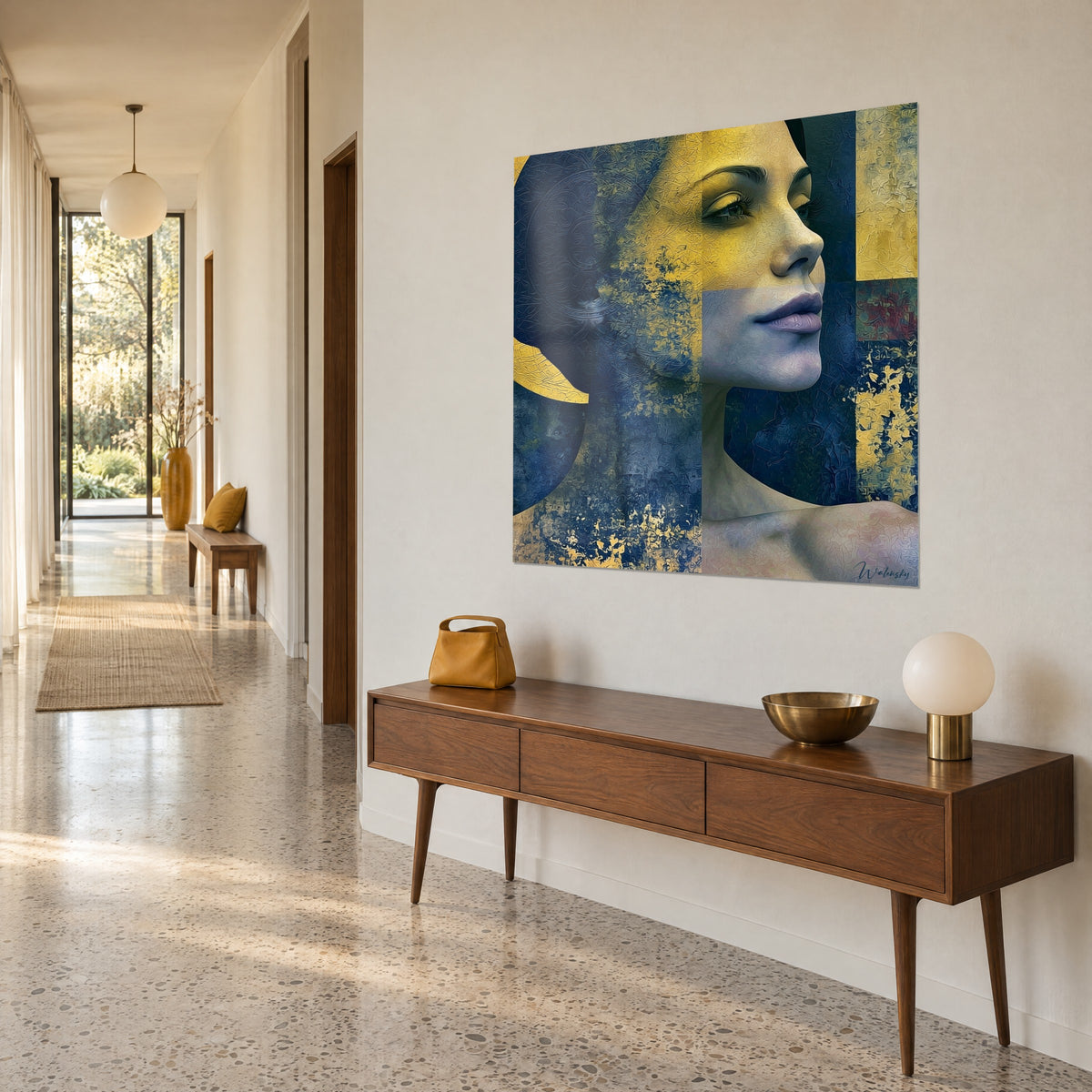 Tableau visage féminin aux lèvres mauves et paupière dorée, carrés bleu nuit et jaune, sur un mur beige d'un couloir ensoleillé