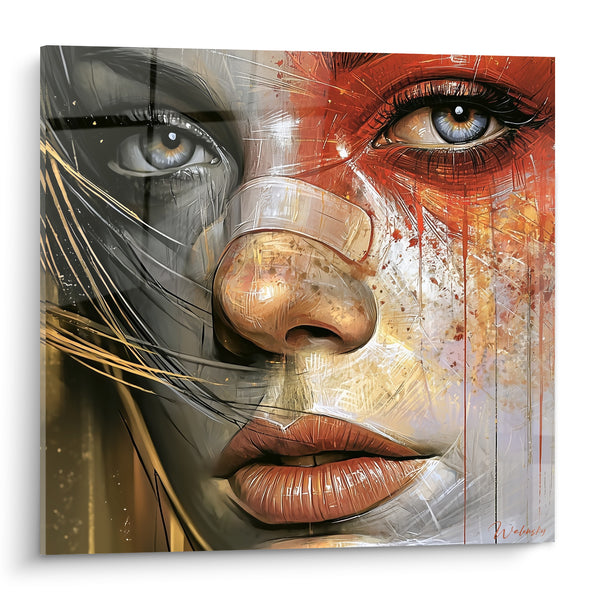 Tableau Portrait roux et doré aux yeux perçants - Regard traversant - Edition Visage abstrait