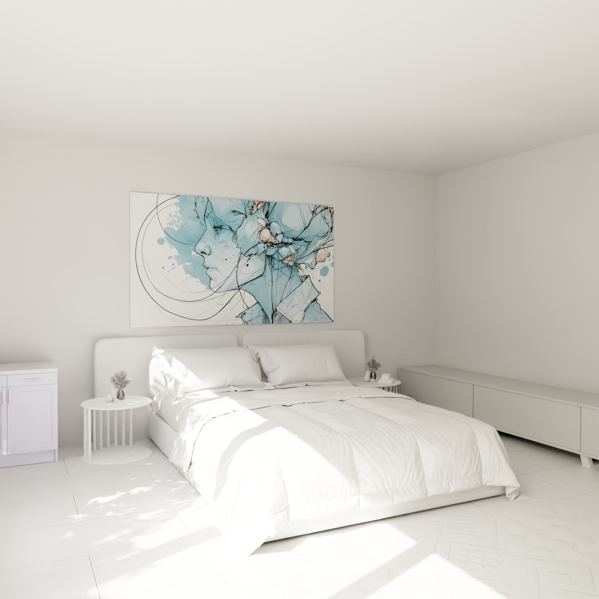Visage abstrait bleu pastel et beige nude au-dessus d'un lit dans une chambre claire