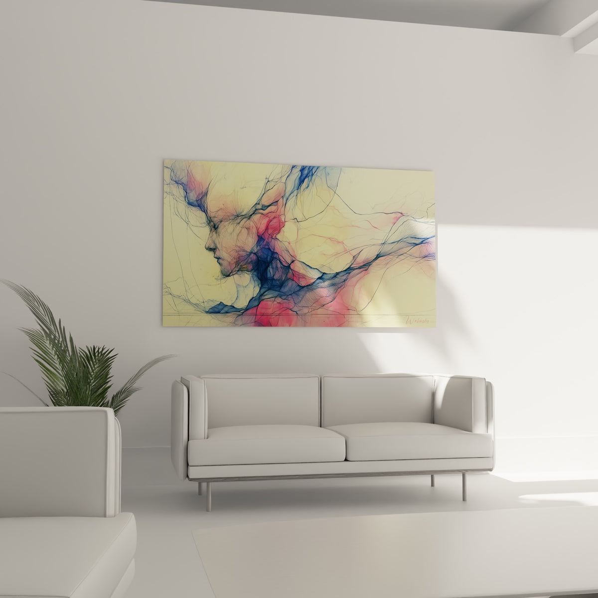 Réseau de lignes bleu marine et nuances roses de ce visage abstrait, au-dessus d'un canapé dans un salon lumineux