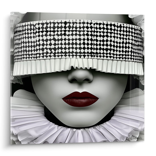 Visage abstrait masqué d'un bandeau arlequin noir et blanc, lèvres bordeaux et collerette plissée blanche