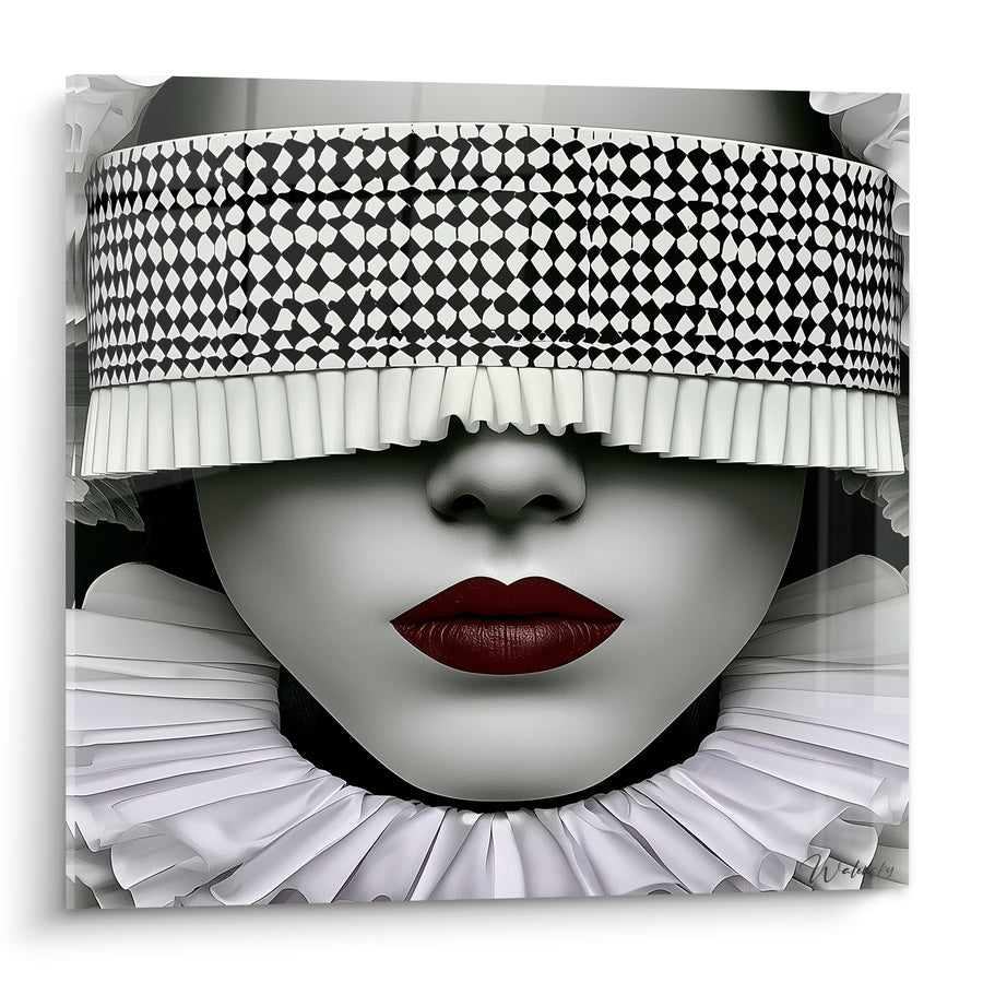Tableau Visage masqué aux lèvres rouge bordeaux - Mystère masqué - Edition Visage abstrait