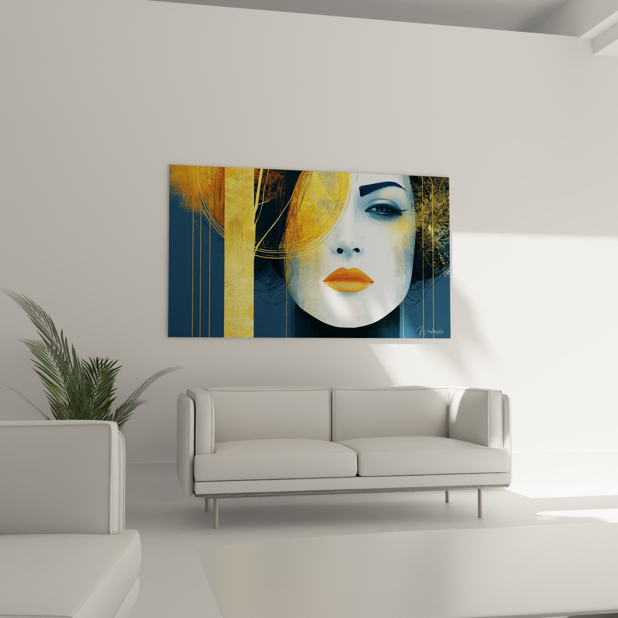 Visage fragmenté aux bandes dorées et fond anthracite, lèvres orange, au-dessus d'un canapé dans un salon lumineux.