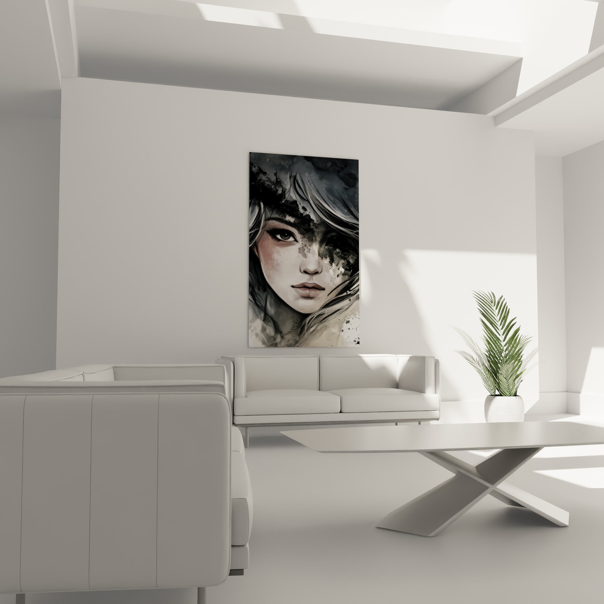 Visage abstrait beige et anthracite au regard perçant, placé au-dessus d'un canapé dans un salon lumineux