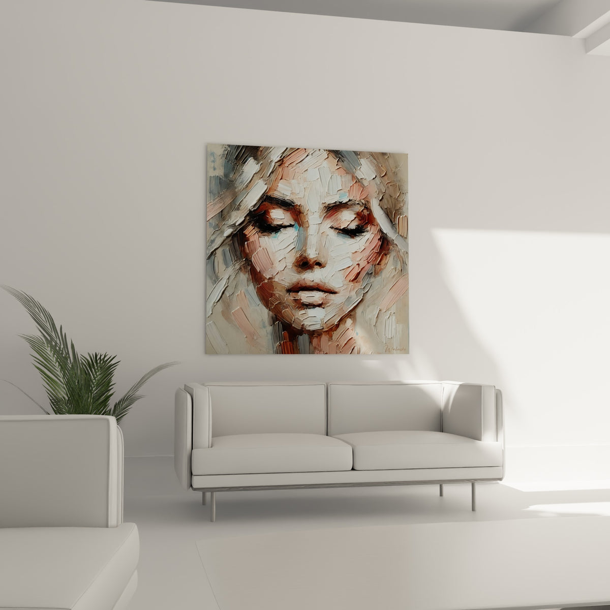 Visage aux nuances beige et rose poudré, traits sculptés au couteau, suspendu au-dessus d'un canapé dans un salon lumineux