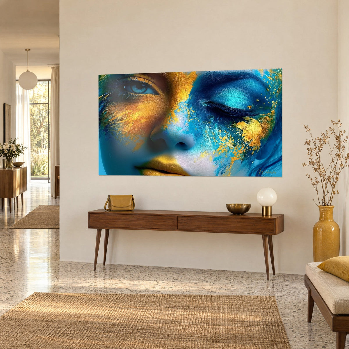 Quadro volto con riflessi dorati su pelle blu cerulea, palpebra chiusa truccata di turchese, visto di tre quarti su una parete color crema