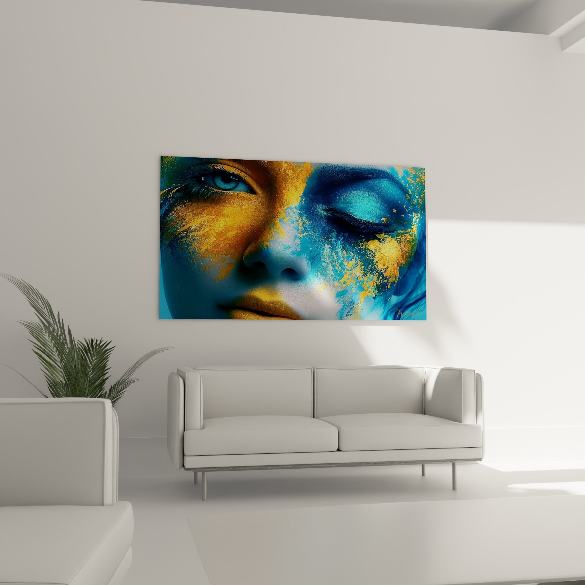 Visage bicolore ocre et bleu nuit, éclats dorés, au-dessus d'un canapé dans un salon lumineux