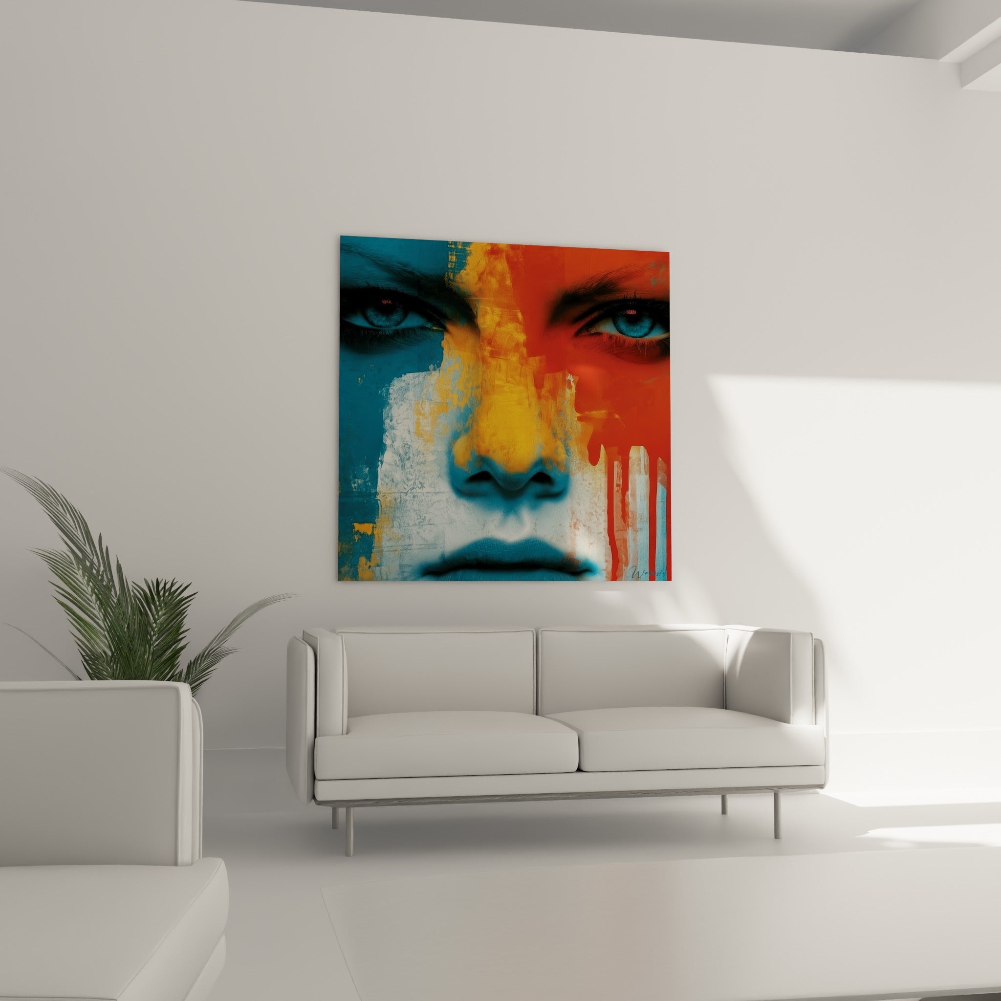 Portrait fragmenté aux teintes bleu ardoise et orange vif du visage abstrait, au-dessus d'un canapé dans un salon lumineux