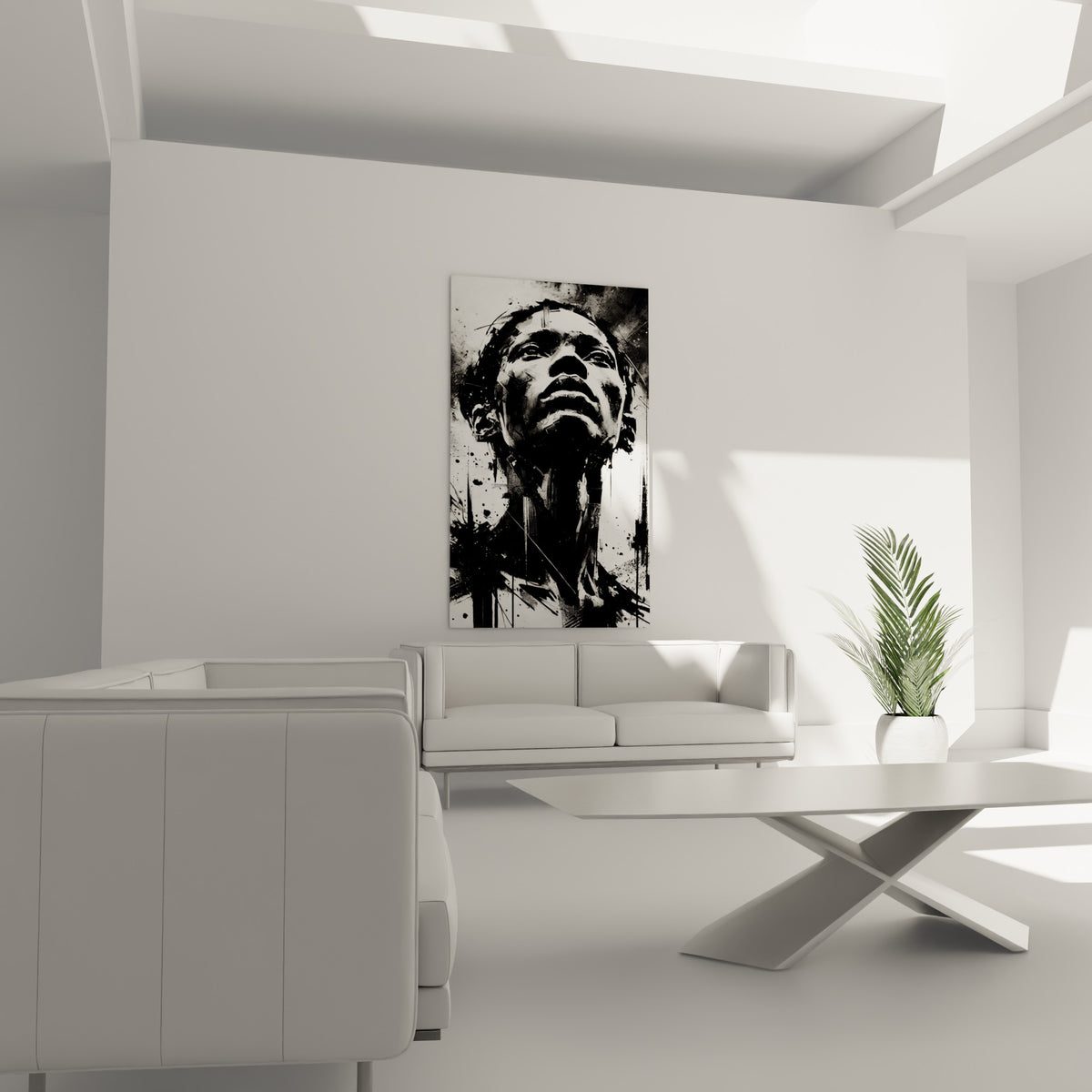 Visage sculpté en clair-obscur, éclaboussures anthracite, suspendu au-dessus d'un canapé dans un salon lumineux