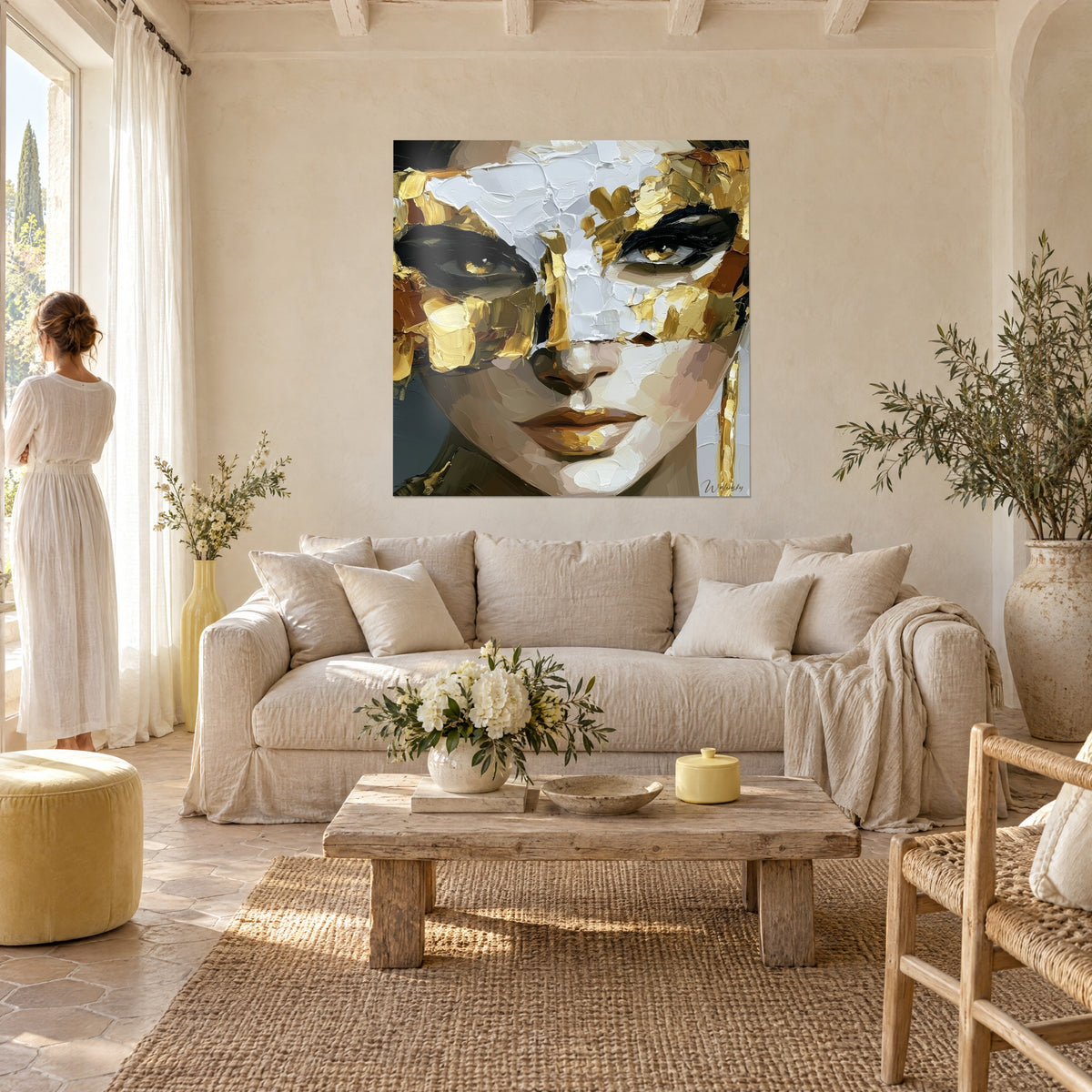 Gemälde Spachtelporträt, goldene Maske auf elfenbeinfarbener Haut und schwarze Augen, eine Frau von hinten, über einem Sofa in einem hellen Wohnzimmer