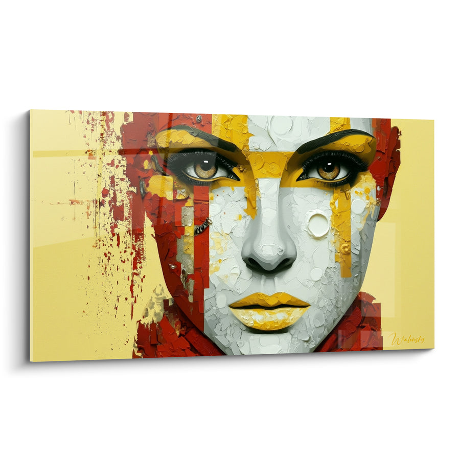 Tableau Visage blanc aux bandes rouge et or - Regard figé - Edition Visage abstrait