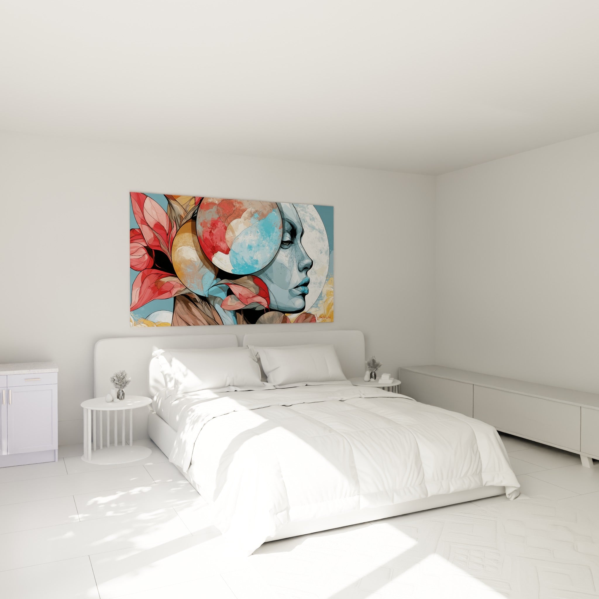 Femme au profil bleu ardoise et pétales rouges accrochée au-dessus d'un lit dans une chambre claire