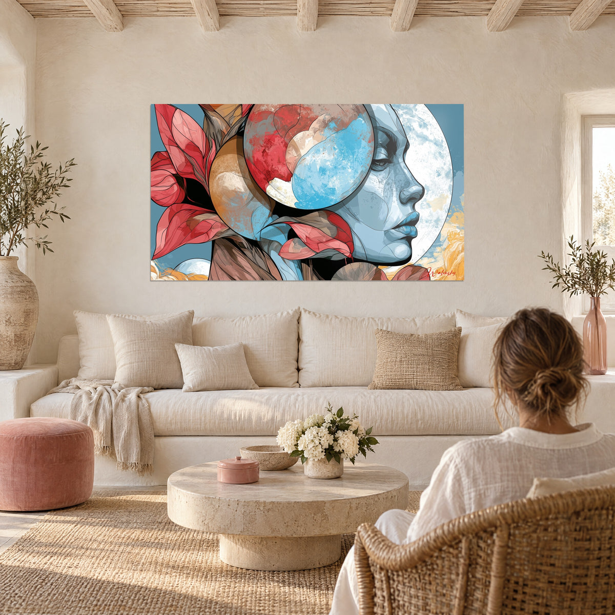 Cuadro perfil femenino azul hielo rodeado de pétalos rosas bajo una luna pálida, sobre un sofá en un salón luminoso
