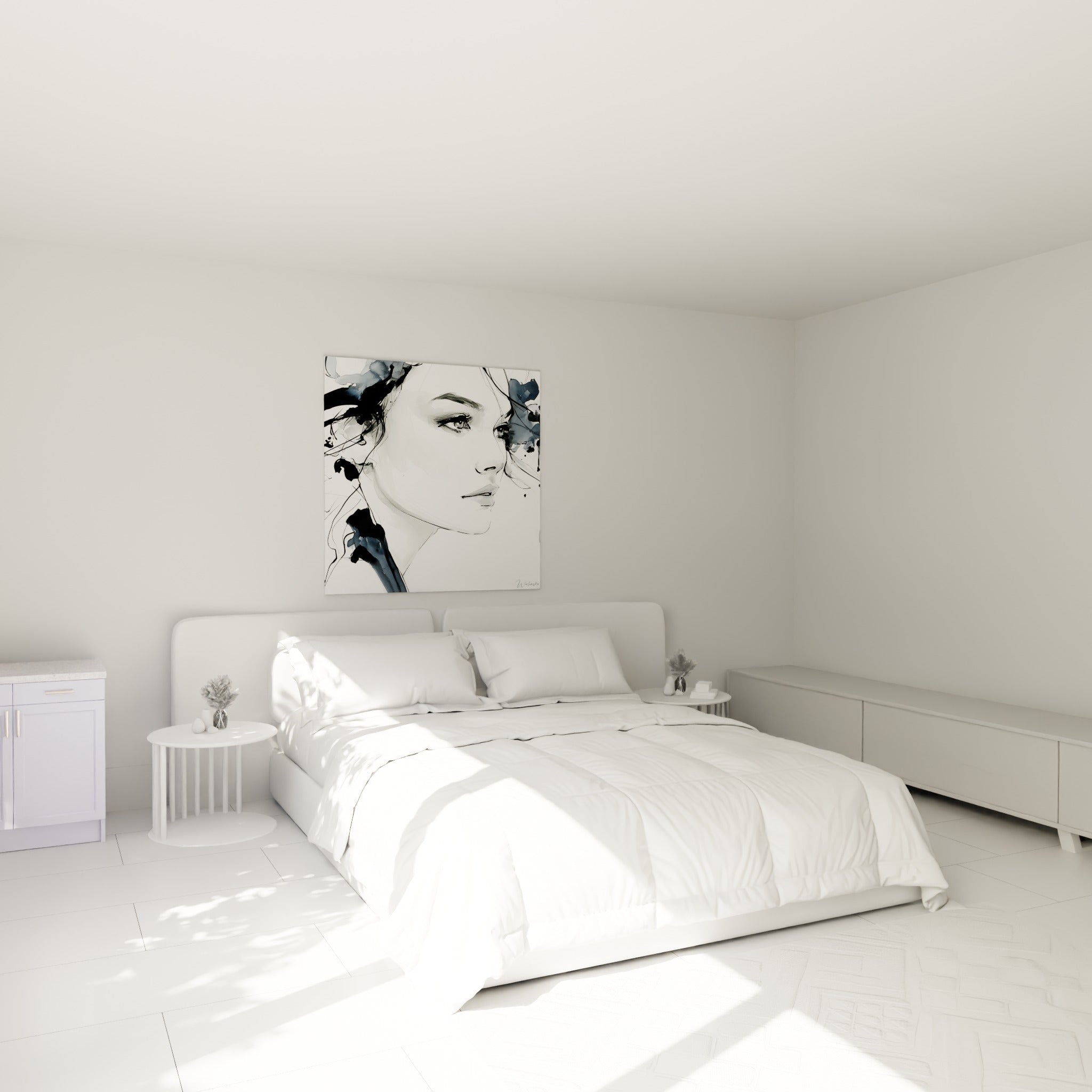 Portrait au trait délicat, noir et gris ardoise, accroché au-dessus d'un lit dans une chambre claire