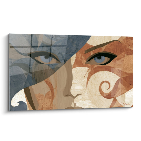 Tableau Visage bleu ardoise et cuivre aux volutes sculptées - Grain de bois veiné - Edition Visage abstrait