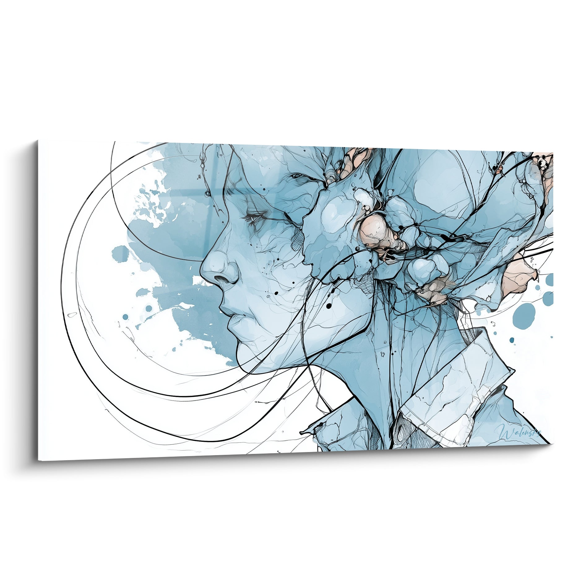 Profil féminin en bleu ciel et beige nude, traits fins à l'encre, éclaboussures d'aquarelle fluides